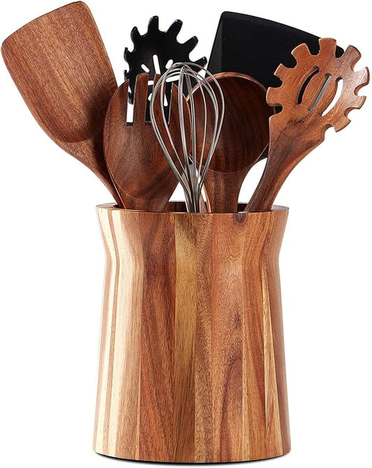 Wooden Utensil Holder for Countertop, 360° Rotating Kitchen Utensil Holder, 7.2"x 6" Large Acacia Wood Crock, Farmhouse Kitchen Decor by LOHONER