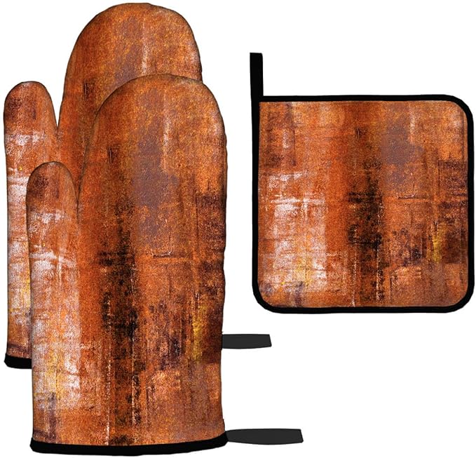 LOKMU Oven Mitts and Pot Holders Set of 3, Burnt Orange Abstract Art Heat Resistant Kitchen Gloves Hot Pads for Cooking Baking BBQ, Kitchen Decor Gifts for Cooking Lover Cooks