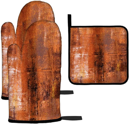 LOKMU Oven Mitts and Pot Holders Set of 3, Burnt Orange Abstract Art Heat Resistant Kitchen Gloves Hot Pads for Cooking Baking BBQ, Kitchen Decor Gifts for Cooking Lover Cooks