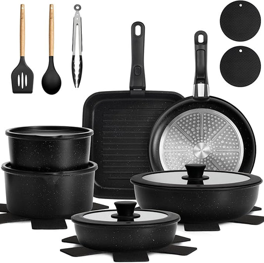 KIKCOIN 22 Pcs Pots and Pans Set Non Stick, Detachable Handle Cookware Sets Nonstick, RV Kitchen Cooking Set with Removable Handles, Frying Pans - Induction/Dishwasher/Oven Safe (Black) by Kikcoin