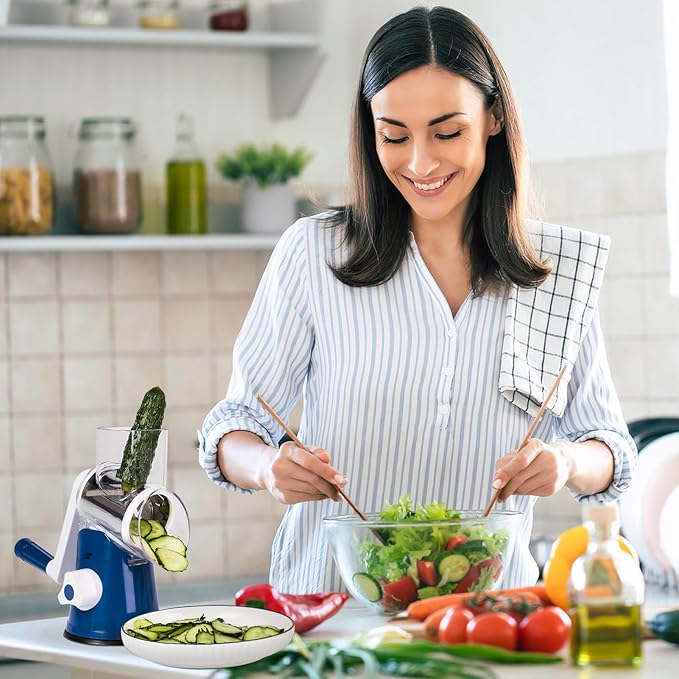 X Home Rotary Cheese Grater for Kitchen, Shredder with 3 Interchangeable Blades, Rotary Grater with Handle and Strong Suction Base, for Vegetables, Fruit, Nuts, Easy to Use and Clean, Dark Blue - Image 7