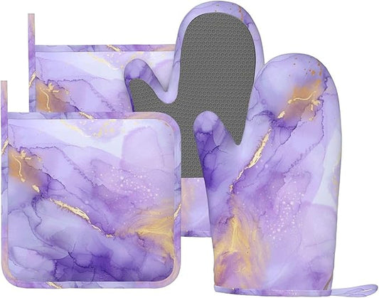 Oven Mitts and Pot Holders Pastel Purple Marble Silicone Kitchen Accessories Set of 4 Heat Resistant Long Gloves Potholder Non-Slip Grip for Chef Cooking Baking Grilling BBQ
