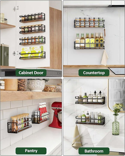 Doakhirmit Wall Mounted Spice Rack with 16 Hooks, Rustic Wood Spice Organizer Shelf for Stove Cabinet Pantry Door,Screw or Adhesive Hanging Spice Shelf,Wall Spice Rack in Kitchen and RV,2 Pack - Image 8