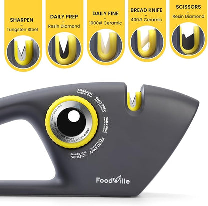 FoodVille 5 in 1 Knife Sharpener with 5 Stages including Tungsten, Diamond, Ceramic for Scissors and All Kinds of Kitchen Knives with Straight and Serrated Blades