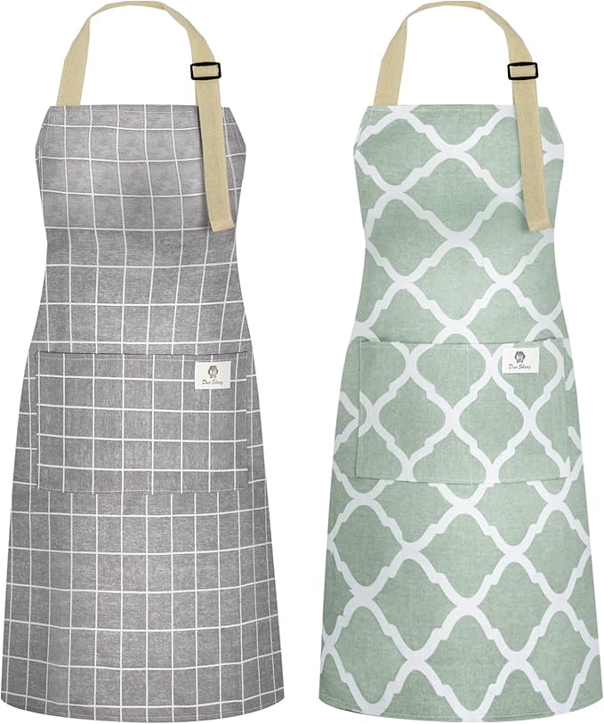 NLUS 2 Pack Kitchen Cooking Aprons, Adjustable Bib Waterproof Chef Apron with 2 Pockets for Men Women(Green Plaid/Grey Plaid) by NLUS