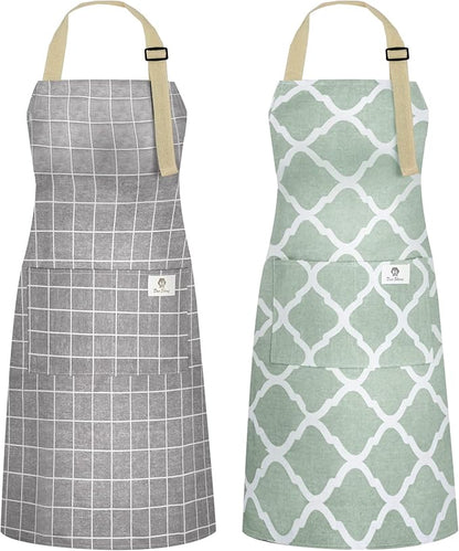 NLUS 2 Pack Kitchen Cooking Aprons, Adjustable Bib Waterproof Chef Apron with 2 Pockets for Men Women(Green Plaid/Grey Plaid) by NLUS