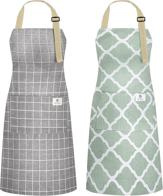 NLUS 2 Pack Kitchen Cooking Aprons, Adjustable Bib Waterproof Chef Apron with 2 Pockets for Men Women(Green Plaid/Grey Plaid) by NLUS