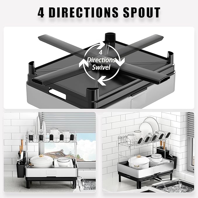 Ewaiira Dish Drying Rack, 2 Tier Large Dish Rack, Stainless Steel Dish Drainer for Kitchen Counter, Dishes Rack with Automatic Drainage, Utensil Holder,Cups Holder,Space Saving Kitchen Organizer,Black - Image 3