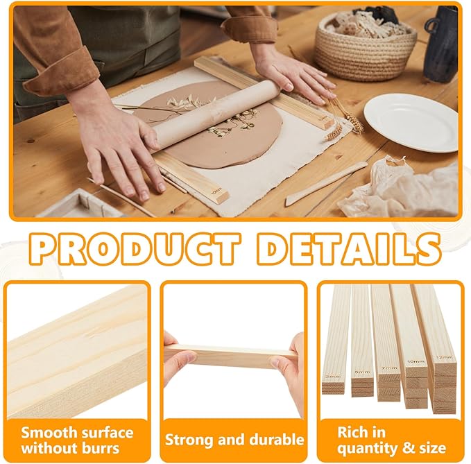 Sasylvia 20 Pcs Pottery Rolling Pin Guides Wood Teaching Rolling Mud Stick Guide Set Polymer Clay Depth Guide Pottery Tools Clay Mudboard Tools (5 Size,Wood Color) - Image 3