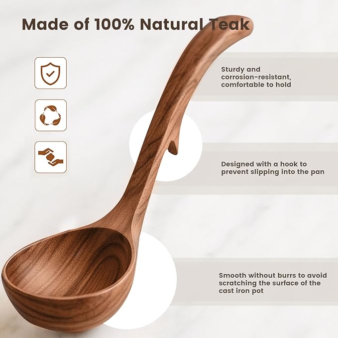 HANSGO Wooden Ladle for Cooking, Wooden Soup Spoons, Natural Teak Wood Serving Spoon, 9'' Long Handle Scooper for Stirring Gravy Sauce Porridge, House Warming Gifts New Home