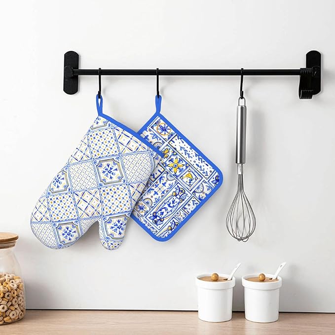 Blue Boho Geometric Silicone Oven Mitts Pan Mats Set of 2, Heat Resistant Gloves Potholder with Non-Slip Grips Hanging Loops Pot Holder, Spring Summer for Chef Cooking, Baking, Grilling, BBQ