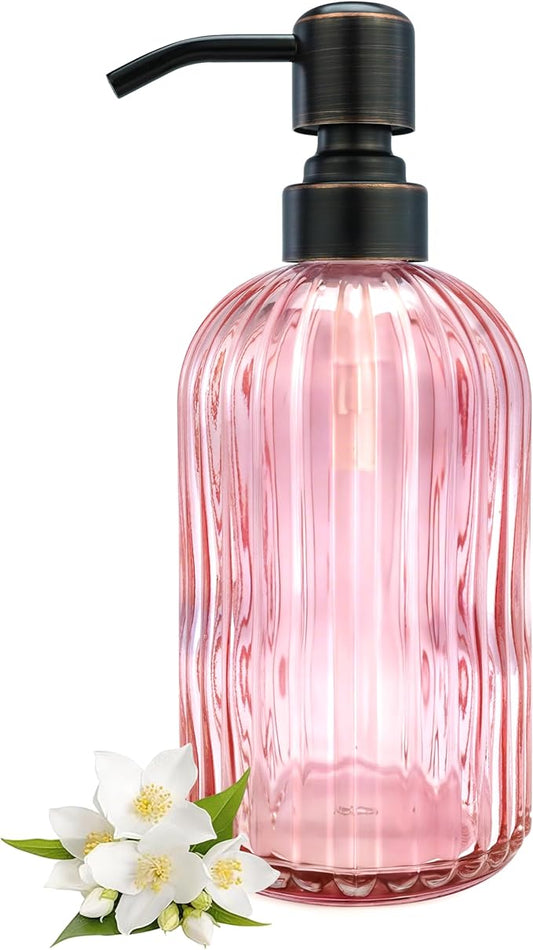 16 OZ Pink Glass Soap Dispenser,Clear Pink Stripe Bathroom Hand Soap Dispensers with Stainless Steel Bronze Pump,Brown Pink Kitchen Hand Soap Dispenser with Oil Rubbed Bronze Pump