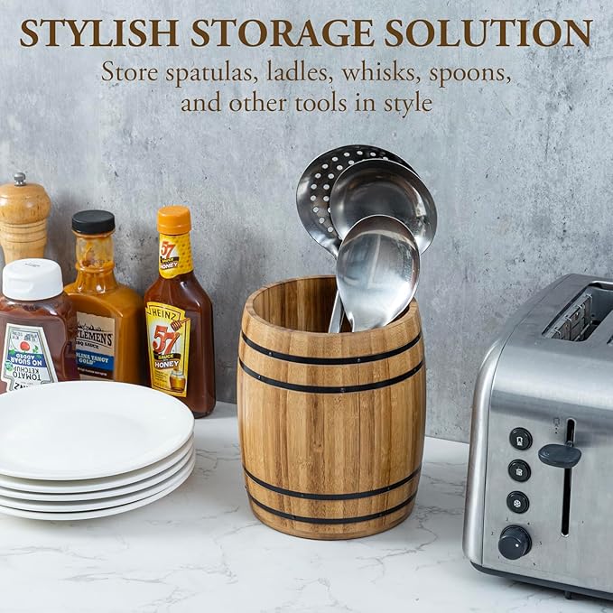 MyGift Wine Barrel Design Kitchen Utensil Crock, Light Brown Solid Bamboo Wood Cooking Tool Holder - Image 3