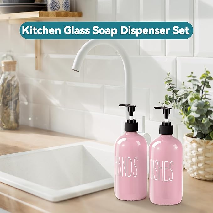 COHOSEGE Glass Soap Dispenser Set 2 Pack,16 Oz Dish Soap Dispenser for Kitchen Sink,Pink Kitchen Accessories and Kitchen Decor,Pink Decorations and Kitchen Utensils for Kitchen - Image 2