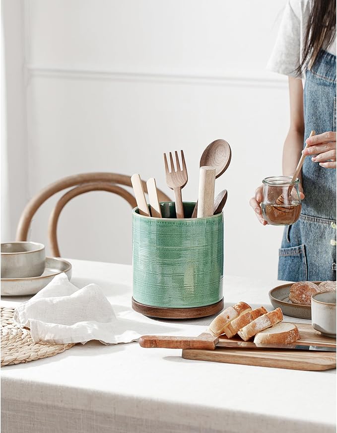 Utensil Holder, 360° Rotating Extra Large Ceramic Kitchen Utensil Holder for Countertop, 7.3“ Cooking Utensil Crocks for Kitchen Counter with Rotatable Wooden Base, Farmhouse Decor, Forest Green - Image 4