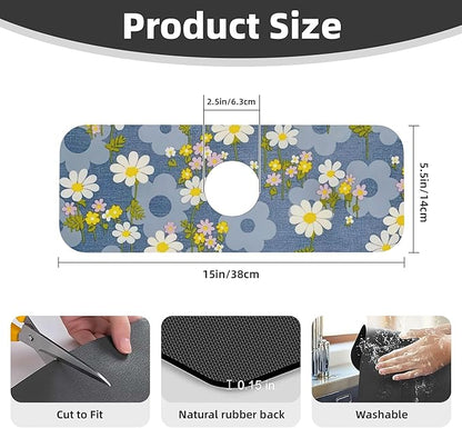 Daisy Flowers Dish Drying Mat for Kitchen Counter, 18"x24" Microfiber Absorbent Fast Dry Mat, 2Pcs Dish Mat Faucet Mats Sets, Large Drying Kitchen Mat Kitchen Drying Pad Coffee Bar Decor Gifts