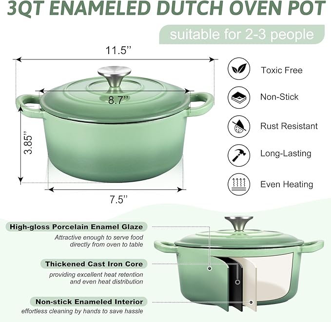 TeamFar Enameled Cast Iron Dutch Oven - 3QT Small Dutch Oven Pot with Lid - Heavy Duty Cast Iron Pot Cookware for Bread Baking, Braising, Stewing, Roasting, Pistachio Green - Image 2
