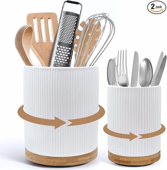 2 Pack Ceramic Utensil Holder, 7.3"+5.4" Large kitchen utensils holder for Countertop, 360° Rotating Cooking Utensil Crock for Kitchen Counter with Detachable Wooden Base, Kitchen Décor by NURTUREKNOTS