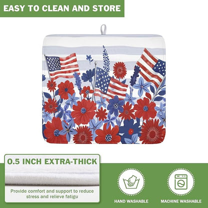 Patriotic Floral Dish Drying Mat for Kitchen Counter 4th of July American Flag Microfiber Dish Drainer Mat Red and Blue Flower Absorbent Washable Drying Pad 16"x18"