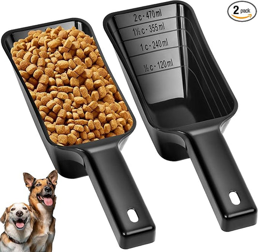 2 Cup Dog Food Scoop(2 Pack), Plastic Pet Food Scoop with Measuring Lines for Accurate Pet Food Portions,Dishwasher Safe (Black) by Aosnare