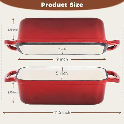 Cast Iron Bread Loaf Pan with Lid, 2 In 1 Loaf Pans for Baking Bread 9x5, Enameled Bread Pans for Homemade Bread, Sourdough, Even Heating Bread Dutch Oven, Red