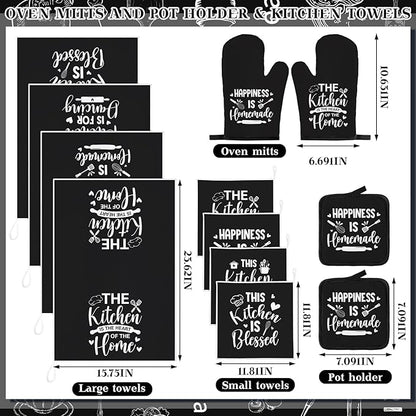 12 Pcs Farmhouse Kitchen Decor and Accessories Sets 4 Black Kitchen Towels 4 Absorbent Dishcloths 2 Pot Holders 2 Oven Mitts Gloves for Home Decorations Mom Gifts