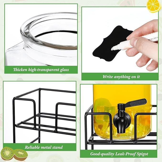 3 Pack 80 oz Glass Beverage Dispenser with Stand Clear Mason Jar Water Dispenser for Party, Fridge Includes Leakproof Stainless Steel Spigot, Black Lid and Label(Black)