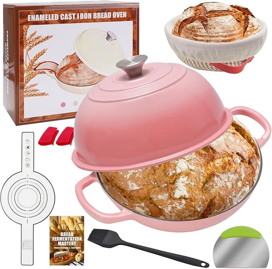 6QT Enameled Cast Iron Dutch Oven for Bread Baking – Sourdough Starter Kit with Cotton Basket, Bread Sling, Lame, Brush & Handle Cover – Multi-Purpose Pot for Baking, Frying, Braising – Pink