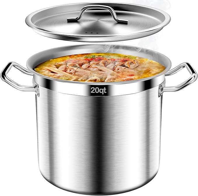 Stock Pot-20QT Stainless Steel Stockpot with Lid, Heavy Duty Tri-Ply Bottom Commercial Grade Large Stock Pot & Stockpots for Boiling Cooking Soup Stew Canning Cooking Pots,Big Stockpot, Deep Cookware