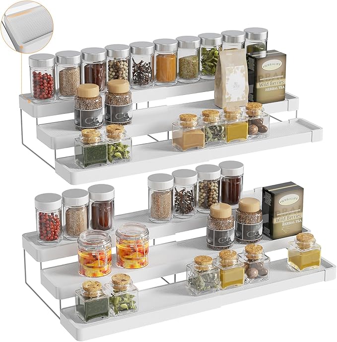 2 Pack Expandable Spice Rack Organizer for Cabinet - 3 Tier Adjustable Cabinet Spice Organizer Easy Visibility - Spice Organizer for Cabinet Countertop Cupboard Pantry Organization (White) by invocoo