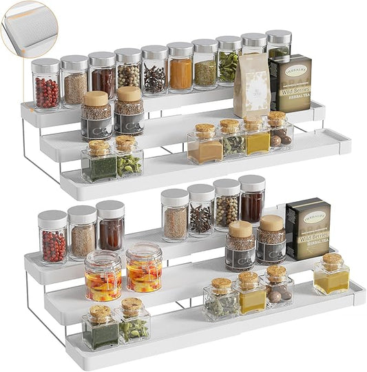 2 Pack Expandable Spice Rack Organizer for Cabinet - 3 Tier Adjustable Cabinet Spice Organizer Easy Visibility - Spice Organizer for Cabinet Countertop Cupboard Pantry Organization (White) by invocoo