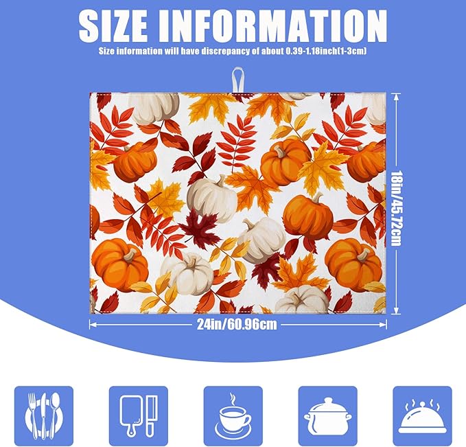 Fall Pumpkin Maple Dish Drying Mat for Kitchen Counter Thanksgiving Drying Pad Absorbent Reversible Dish Drainer Rack Mats Draining Pad 18"x24"Inch