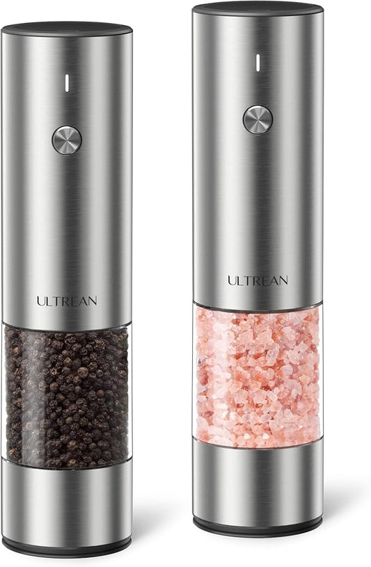 Ultrean Salt and Pepper Grinder Set, Rechargeable Salt and Pepper Shakers, 6 Adjustable Coarseness, LED Light, Kitchen Gadget Cooking Gifts Valentines Day Gifts for Him Her Mom Dad, Stainless Steel by Ultrean
