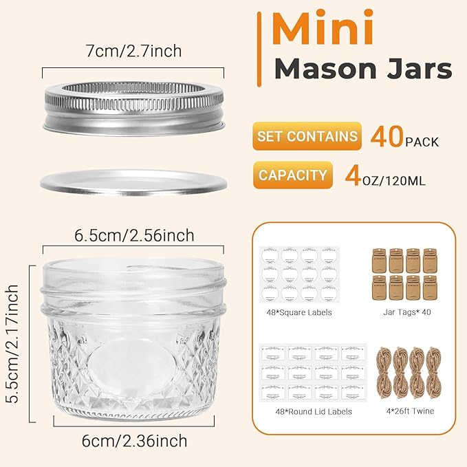 Eathtek 4 oz Mason Jars 40 Pack, 120ml Mini Canning Jars with Regular Lids for Jelly Herbs Spice Honey Storage, Small Glass Jars Candle jars, Extra Tags Label Included