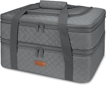 Quilted Double Decker Casserole Carrier - Expandable Dish Carrying Case for Hot or Cold Food, Lasagna Holder for Potluck Parties, Picnic, Beach, Fits 9"×13" Baking Dish (Grey)