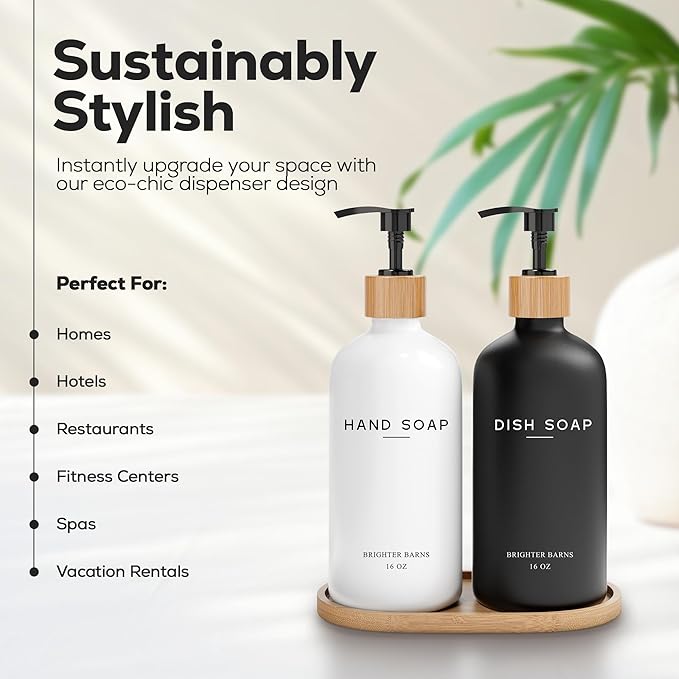Luxury Glass Hand and Dish Soap Dispenser Set by Brighter Barns - Kitchen Soap Dispenser Set with Tray - Bamboo Pump Bottle for Kitchen Sink - Boho Home Decor, Modern Decor in Restaurant (Black/White) - Image 2