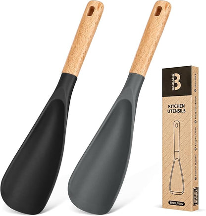 Cooking Spoon for Nonstick Cookwares, Great for Cooking and Serving Sturdy BPA-Free Matte Silicone, Wood Handle Spoon for Mixing, Scoop, and Scrape (Black & Grey, 11.4 inch) by BADIANO