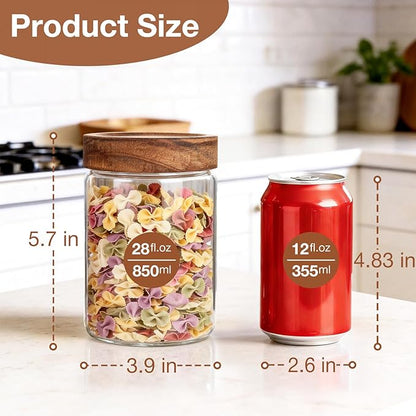 CONNOO 28oz Glass Storage Jars with Wood Lids (6-Pack) – Includes 120 Pre-Printed Waterproof White Kitchen Labels – Airtight Pantry Containers for Rolled Oats, Pasta & Cereals