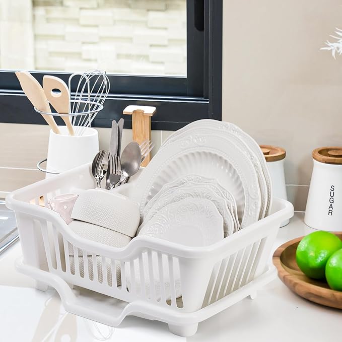 Noamus 2-Piece Plastic Dish Drying Rack, Heavy Duty Sink Set Dish Rack, White Large Drainer with Attached Drainboard Utensil Cup Holders for Home Kitchen Counter Top Organizers - Image 7