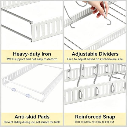 Expandable Pot and Pan Organizer for Cabinet, 14 Adjustable Dividers, Versatile Pan Holder Storage Rack, Extends from 12'' to 23'', Fits Cabinets, Countertops, or Under Sink, White, Iron