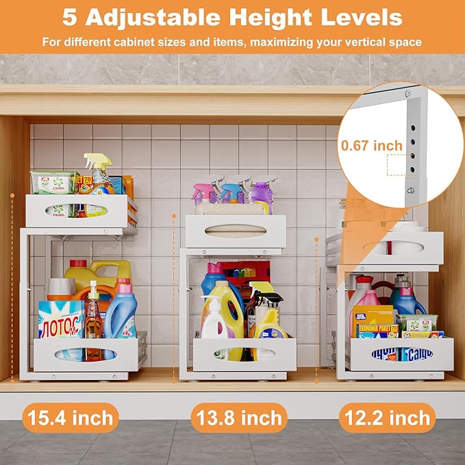 Under Sink Organizer, 2 Tier Under Sink Organizers and Storage, Adjustable Height, Slide out Metal Cabinet Organizers, Pull out Cabinet Storage Drawer Shelf for Kitchen Bathroom (White, 1 Pack) - Image 5