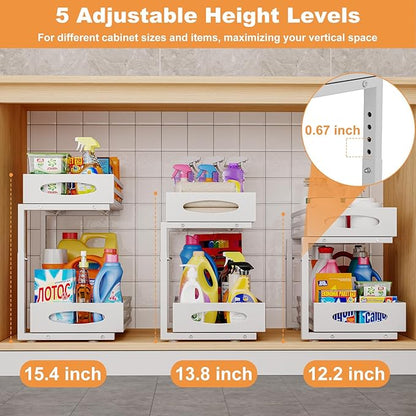 Under Sink Organizer, 2 Tier Under Sink Organizers and Storage, Adjustable Height, Slide out Metal Cabinet Organizers, Pull out Cabinet Storage Drawer Shelf for Kitchen Bathroom (White, 1 Pack) - Image 5