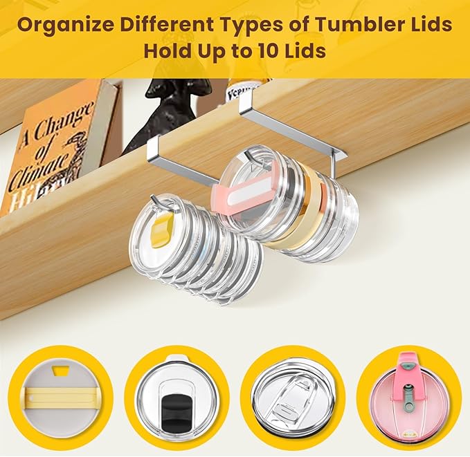 2 Pack Tumbler Lid Organizer, Under Cabinet Cup Lid Holder for Yeti Insulated Mug/Stanley Insulated Mug/Simple Modern Insulated Mug Lid, No Gluing, No Drilling, Up to 10 Lids (Stainless Steel) - Image 4