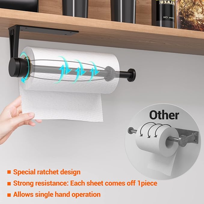 Paper Towel Holder Under Cabinet, Single Hand Operable Wall Mount with Damping Effect, Self-Adhesive or Drilled for Kitchen Bathroom, Black - Image 3
