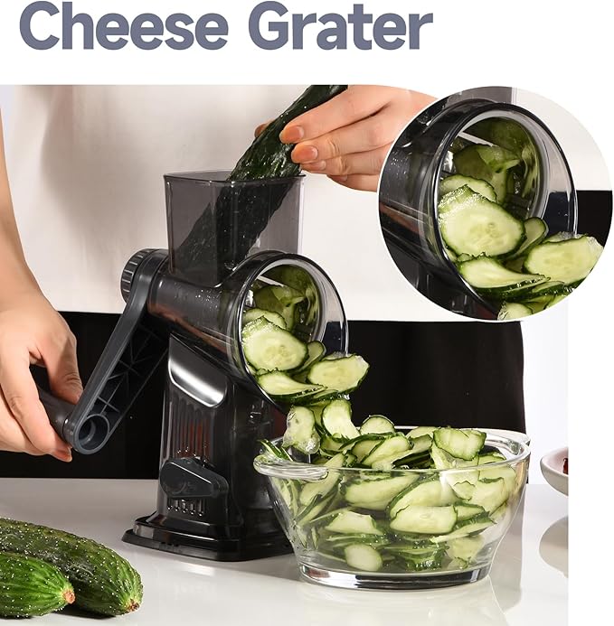 Rotary Cheese Grater with Handle Kitchen Shredder Slicer Grater Slicer Ice Shaver Cheese Vegetable Nuts Potato Zucchini Chocolate 3 Interchangeable Blades (Dark Grey TSP) - Image 7