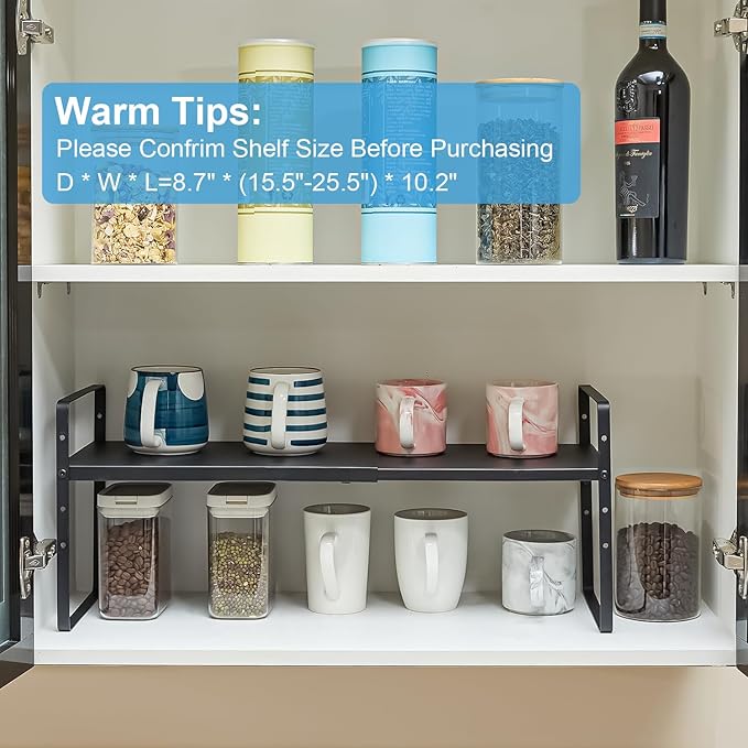 15.5 to 25.5 Inch Kitchen Cabinet Shelf Organizers, Adjustable Kitchen Counter Shelf Organizer, Set of 3 Expandable Countertop Storage Shelves, Stackable Design, 30LBS Heavy Duty, Space Saver - Image 4