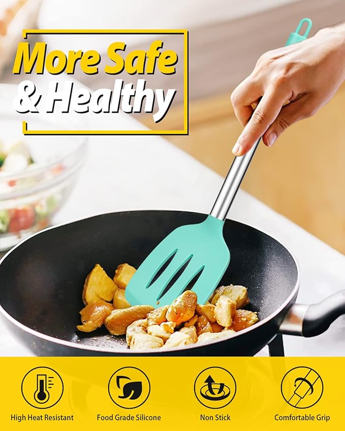 Pack of 4 Silicone Cooking Utensils Set, Non Stick Large Solid Spatulas, Heat Resistant Blue Slotted Spoons, Ideal BPA Free Kitchen Turners for Frying, Mixing,Serving,Draining,Turning,Stirring - Image 4
