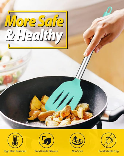 Pack of 4 Silicone Cooking Utensils Set, Non Stick Large Solid Spatulas, Heat Resistant Blue Slotted Spoons, Ideal BPA Free Kitchen Turners for Frying, Mixing,Serving,Draining,Turning,Stirring - Image 4