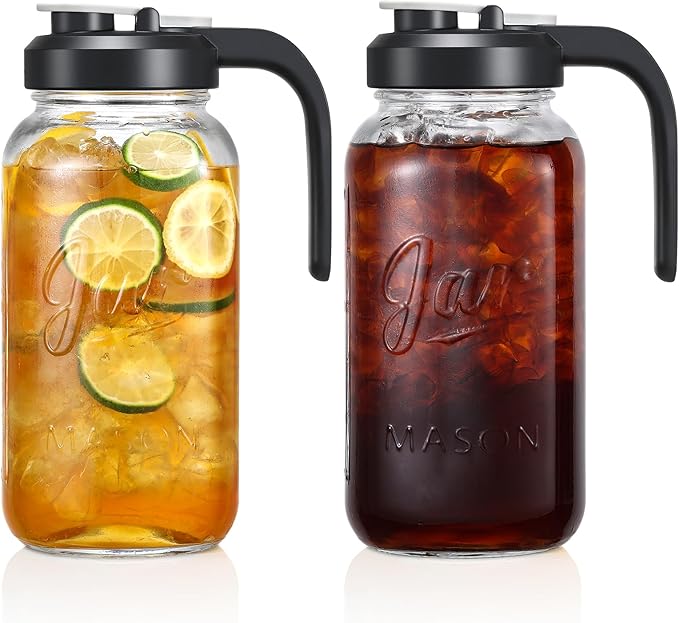 Set of 2, Glass Pitcher with Lid - 2 Quart Mason Jar Pitcher with Filter Lid, Wide Mouth Jar Leak-proof Water Jug, Heavy Duty Container for Water, Juice, Milk, Tea, Iced Coffee, and Drinks by AOZITA