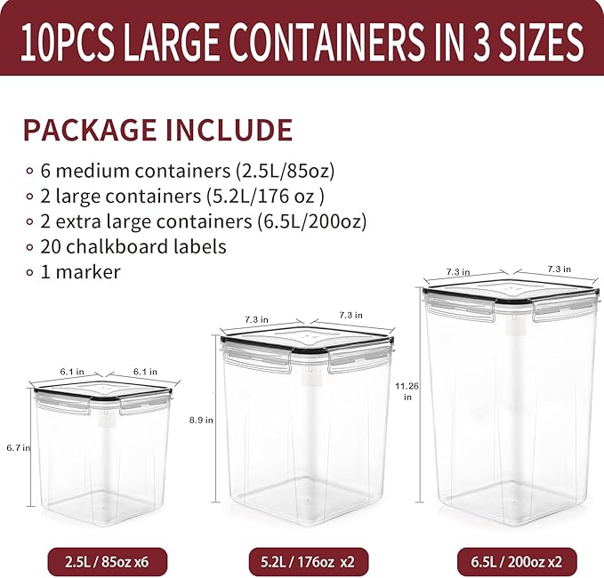 PRAKI Large Airtight Food Storage Containers with Lids, 10PCS Plastic Cereal Storage Containers, Kitchen & Pantry Organizers and Storage for Sugar, Flour, Baking Supplies with Lables & Mark - Image 2